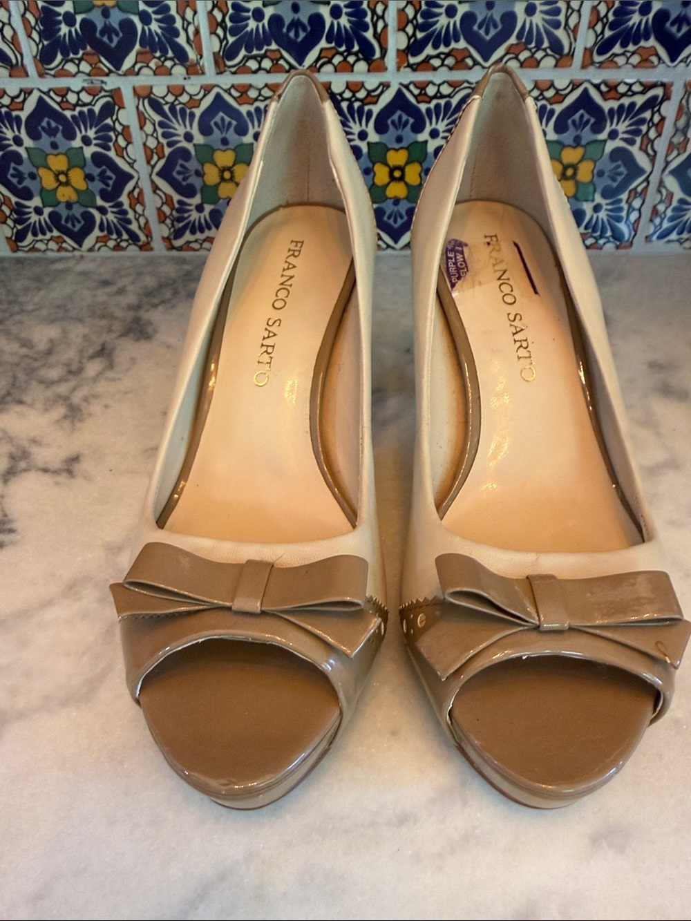 Franco Sarto Taupe Patent Bow Peep-Toe Pumps